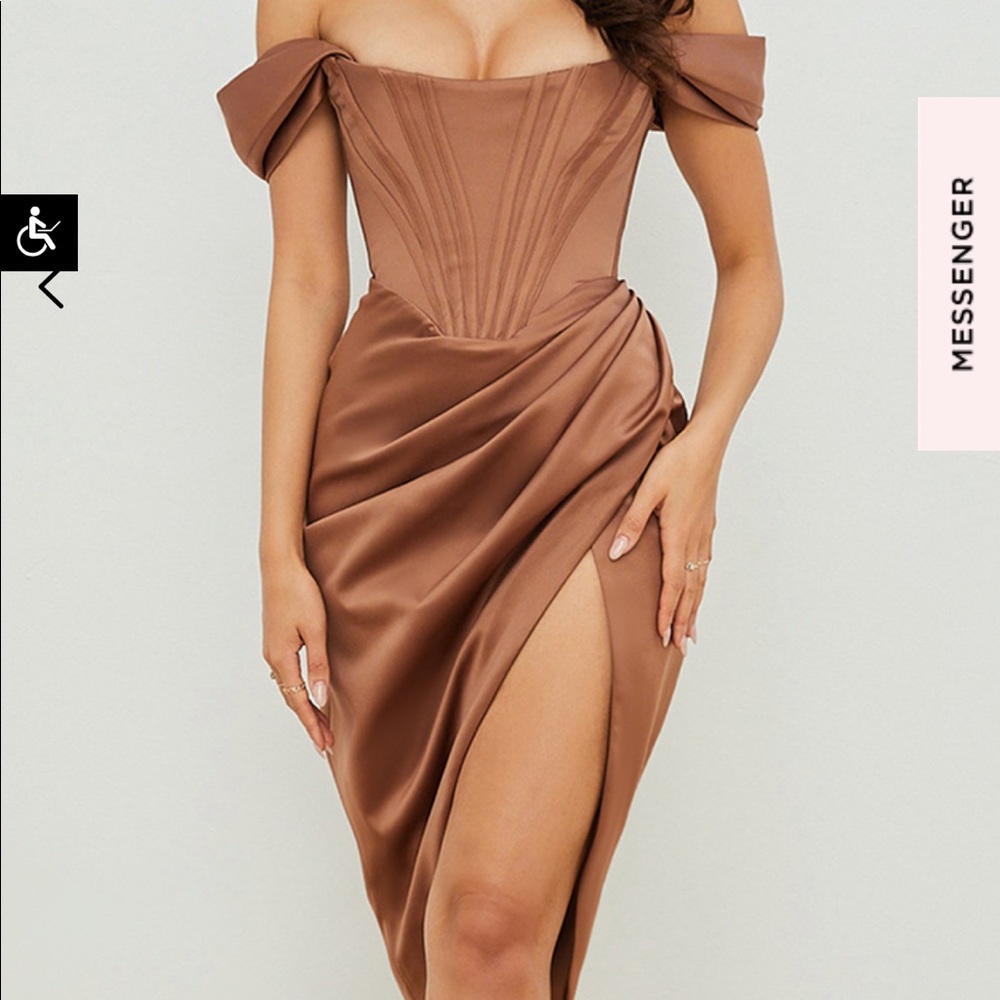 House of CB corset Loretta dress. TOFFEE SATIN OFF SHOULDER DRESS